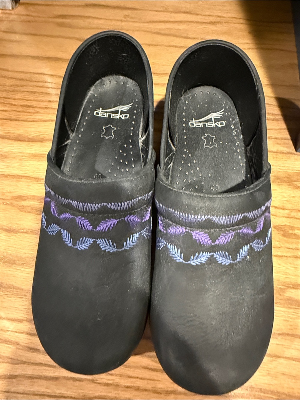 Dansko Black Clogs with Purple and Blue Embroidery